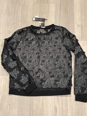 Gracia Black Mesh Leaf Appliqué Long Sleeve Top Sheer Textured Size S